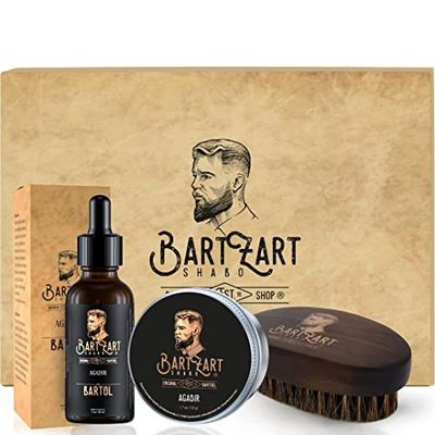 BartZart Shabo set de 3 piezas para el cuidado de la barba con aceite para barba, cera para barba y cepillo para barba con aroma a almizcle