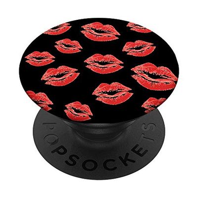 Lipstick Kisses - Kissing Red Lips Kiss pattern on black PopSockets PopGrip: Swappable Grip for Phones & Tablets