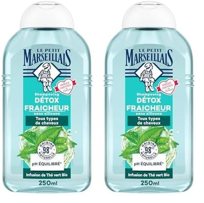 Le Petit Marseillais, Shampooing Détox Fraîcheur Infusion de Thé Vert Bio (flacon de 250 ml) – Shampoing sans silicone pour tous types de cheveux – 98% d'ingrédients d'origine naturelle (Lot de 2)