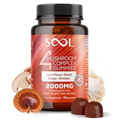 SOOL 4 Mushroom Complex Gummies 2000mg, 60pcs, Berry Flavour: Chaga, Reishi, Shiitake, Lions Mane Supplement | Nootropics Gummies High Strength | Memory & Focus, Energy, Immunity Booster Supplement