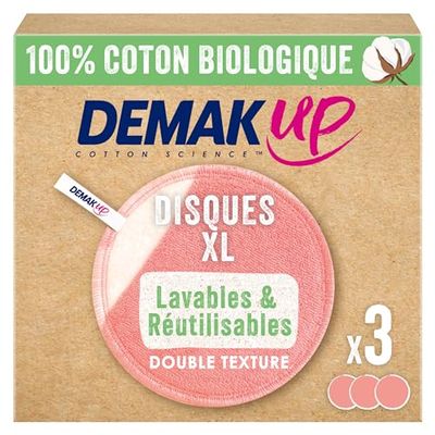 Demak'up Cotons Démaquillants Lavables et Réutilisables - 100% Coton Biologique - Lot de 3