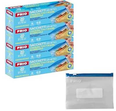 FRIO Set 80 sacchetti ermetici per alimenti, 1 Litro, Apri e Chiudi con Cursore scorrevole, fondo a soffietto, 21x15 cm, per conservare, per congelatore, salva freschezza, riutilizzabili, resistenti