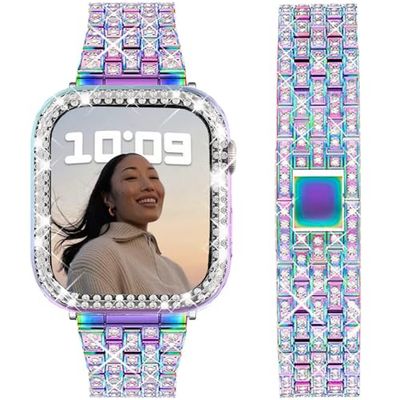 DEALELE Band Compatibel met iWatch 41mm 45mm, Bling Diamant Rhinestone Metal Armband met Beschermende Hoesje Case Vervanging voor Apple Watch Series 8/7 Women Men, 45mm, Regenboog