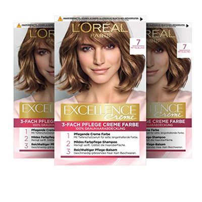 L'Oréal Paris Lot de 3 colorations permanentes pour cheveux gris, 100% de couverture des cheveux gris, avec coloration, shampoing et crème de soin triple épaisseur, crème Excellence, 7 blond moyen, 3