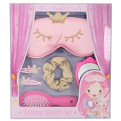 Depesche 11339 Princess Mimi - Sleeping Beauty-set in geschenkdoos met een slaapmasker in roze, een gouden scrunchie, 2 haarspelden met kroon, een roze haarborstel en een handspiegel