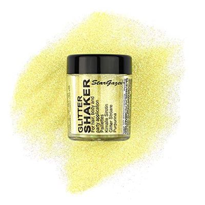 Stargazer Pastel Glitter Shaker, Yellow. Cosmetic glitter powder for use on the eyes, lips, face, body, hair and nails.