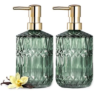 EMPO Dispensador de jabón de Vidrio Transparente con Bomba de plástico ABS, dispensadores de loción de Cristal para Fregadero de Cocina, baño (Paquete de 2 Verde)