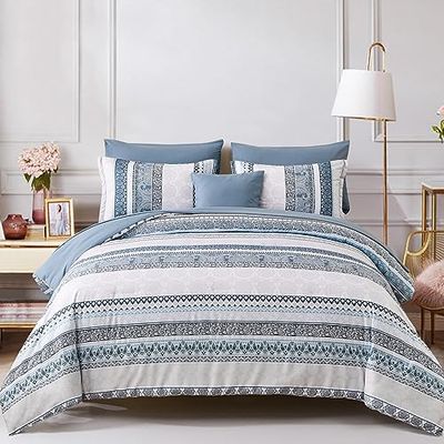 Boho Comforter Set Queen Size Light Blue Comforter Set 8 Piece Bed in a Bag Paisley Floral Bedding Sets All Season