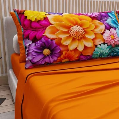 PETTI Artigiani Italiani - Cotton Sheets with Pillowcases in Digital Print, Single Bed Sheet, Single Bed Set, Floral 12 Orange, 100% Made in Italy