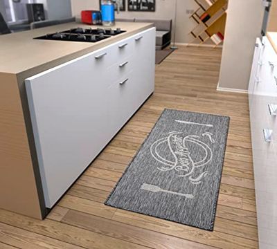 HANSE Home Bon Appetit - Tappeto a passatoia da cucina con scrittura, antiscivolo, facile da pulire, robusto, certificato Öko-Tex per cucina e corridoio, sala da pranzo, 62 x 150 cm, colore: grigio