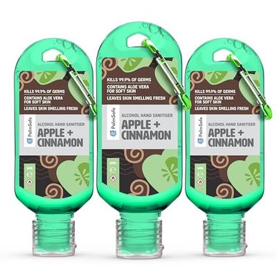 Palm Safe Apple and Cinnamon 3 Pack 60ml Anti Bacterial Premium Hand Sanitiser Travel Size Refillable Clip Bottle Quick Drying Non Sticky Extra Moisturising Kills 99.9% of Viruses and Bacteria