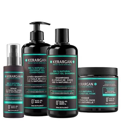 Kerargan - Hydraterend Pakket Shampoo, Conditioner, Masker & Serum met Kokosolie - Complete Verzorging voor Uitgedroogd, Beschadigd Haar - Zonder Sulfaat, GMO, Siliconen - 3x500 ml + 100ml