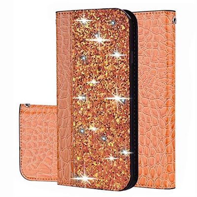 Carcasa de telefono For Galaxy A20S Textura del cocodrilo del Polvo del Brillo Horizontal de Cuero del tirón del Caso con la Tarjeta de Ranuras y Soporte (Rose Red) (Color : Naranja)