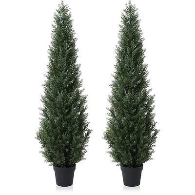 Laiwot 5FT Artificial Cedar Topiary Trees for Outdoors Potted Fake Cypress Trees Faux Evergreen Plants for Home Porch Decor Set of 2