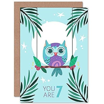 Wee Blue Coo Kawaii Owl Perch Birthday You are 7 Greeting Card With Envelope Blank Inside Premium Quality