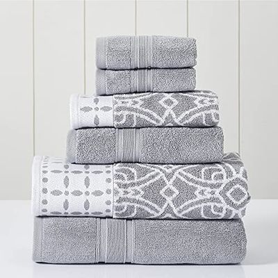Modern Threads - Set da 6 asciugamani composto da 2 teli bagno, 2 asciugamani e 2 salviette, tinti in filo, con motivo jacquard o a tinta unita, colore: pietra.