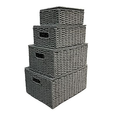 Arpan Set Of 4 Paper Rope Storage Hamper Basket With Lid - Including Xlarge,Large,Medium,Small (Grey)