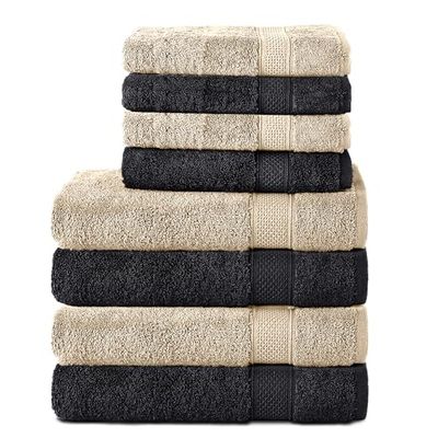Komfortec 8-pack handduksset i 100% bomull, 4 badhanddukar 70 x 140 och 4 handdukar 50 x 100 cm, frotté, mjuk, towel, stor, svart/beige