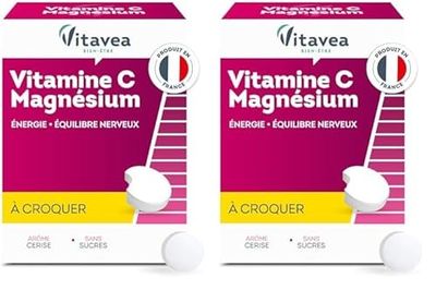 Vitavea - Complément Alimentaire Vitamine C + Magnésium - Duo Tonus - Triple action - Energie, Immunité, Détente - 28 comprimés à croquer - Goût cerise - Cure de 28 jours - Fabriqué en France