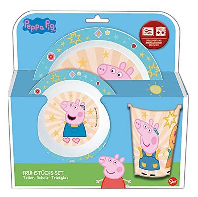 p:os 33492088 - ontbijtset met populair Peppa Putz motief, 3-delige serviesset bestaande uit bord, schaal en beker, van PP (bpa- en ftalaatvrij)