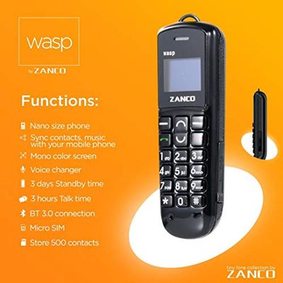 Teléfono móvil ZANCO Wasp más pequeño y Delgado del Mundo, Negro, SMS, BT, música, BT DIALER, MP3, Desbloqueado, CE, RoHS, WCDMA y gsm, Vendido por teléfonos 4u ltd