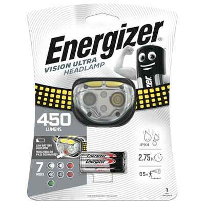 Energizer Vision HD Ultra, kraftfull ljus pannlampa, 450 lumen för handsfree inomhus- och utomhusaktiviteter, batterier ingår