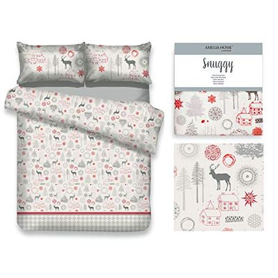 AmeliaHome Snuggy Lappi - Juego de Ropa de Cama (2 Piezas, 155 x 220 cm, 1 Funda de Almohada de 80 x 80 cm, 100% algodón), diseño de Renos, Color Blanco, Rojo y Gris