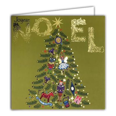 Merry Christmas Fairy Enchanted Square Card in Shiny Gold with White Envelope 15 x 15 cm – Illuminated Tree Toy Nutcracker Ballerina Horse Star Gift Party End of Year – Made in France