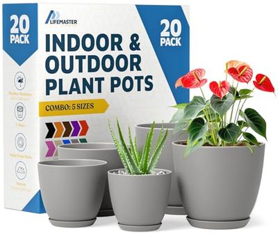 Lifemaster Planter Pots with Drainage Holes - Lightweight, Durable & Space-Saving Pots for Indoor and Outdoor - Versatile Functionality, Simple Modern Design, Set of 20 Plastic Planter Pots - Gray