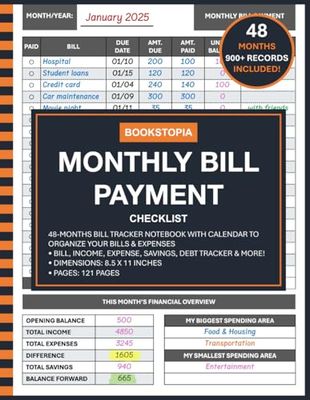 Monthly Bill Payment Checklist: 48 Months Bill Tracker Notebook with Calendar to Organize Your Bills & Expenses