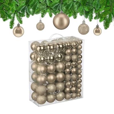 Relaxdays Bolas Árbol Navidad, Set de 138 Unidades, Plástico, Brillantes y Mates, Decoraciones Navideñas, Champán, 3, 4 y 6 cm