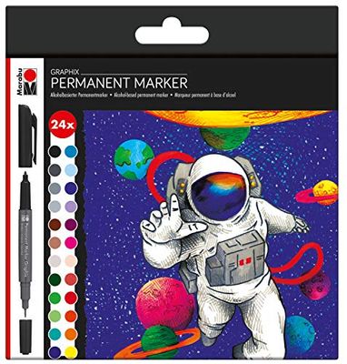 Marabu - Juego de 24 rotuladores permanentes Hero of Galaxy, con doble punta de 1-2 mm y 0,5 mm, tinta a base de alcohol, de secado rápido, sin olor y resistente al agua.