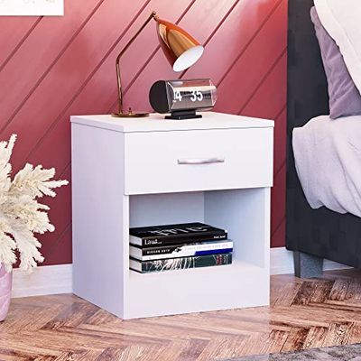 Vida Designs Duża biała szafka nocna, 1 szuflada, stolik nocny, metalowe uchwyty i chodniki