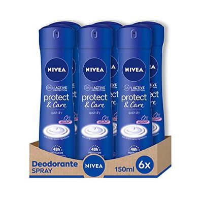 NIVEA Protect & Care Spray Deodorante 6 x 150 ml, Deodorante antitraspirante senza alcol etilico, Deodorante profumato e non irritante per una protezione efficace