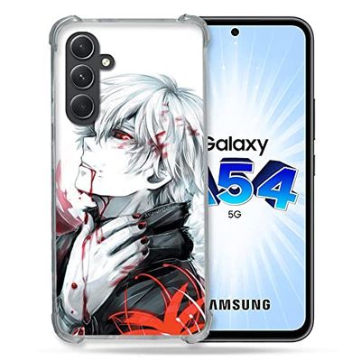 Cokitec Förstärkt fodral i härdat glas för Samsung Galaxy A54 5G Manga Tokyo Ghoul Kaneki vit