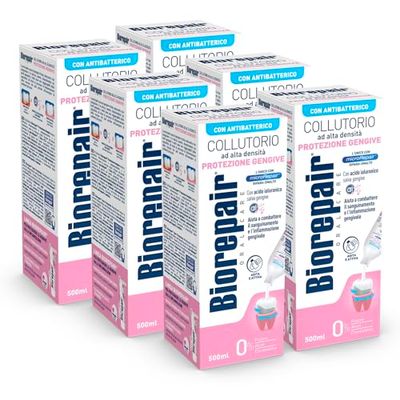 Biorepair, Collutorio ad Alta Densità, Protezione Gengive, con Acido Ialuronico e Zinco Antibatterico Aiuta a Combattere la Paradontite, Senza Fluoro, Alcool e Clorexidina, 500ml confezione da 6