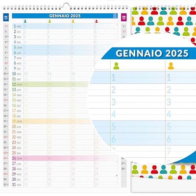 Familiekalender 2025 met 4 kolommen, voor een nauwkeurige planning voor het hele gezin, van milieuvriendelijk papier, afmetingen 30 x 42 cm