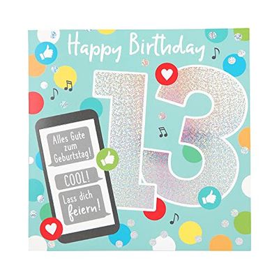 Depesche 11515-023 13th Birthday Number Card with Music, Refined Folding Card with Original Text Inside Including Envelope, Format 15.5 x 15.5 cm