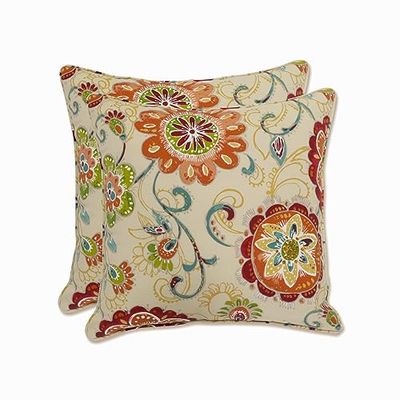 Pillow Perfect Bright Floral Indoor/Outdoor Throw Pillow Plush Fill, Weather, and Fade Resistant, Accent - 16.5" x 16.5", Tan Fanfare 2 Count