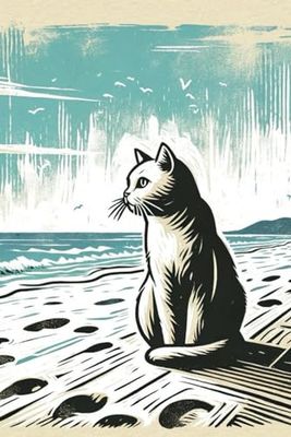 A cat sitting on a beach writing notebook/journal 6"x9" 100 pages lined paper