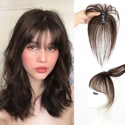 Vigorous Bangs Hair Clip in Bangs 100% Real Human Hair Wipsy Bangs Clip in Hair Extensions,Fake Bangs 360° Cover Clip on Bangs Women Curved Bangs for Daily Wear (Mocha Brown)