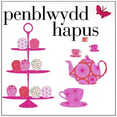 Claire Giles Greeting Cards, Welsh Happy Birthday Card, Penblwydd Hapus, Cakes design Welsh language Card, fabric butterfly Embellished