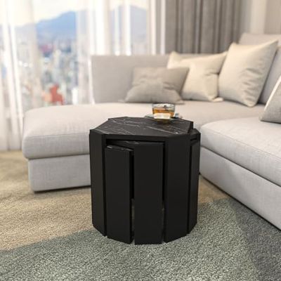 Hanah Home Stylowy stolik kawowy, czarny i marmurowy, 44,5 x 41 x 44,5 cm, 100% pokryta melaminą, grubość 18 mm, nowoczesne wzornictwo do salonu i biura