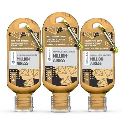 Palm Safe Millionairess 3 Pack 60ml Anti Bacterial Premium Hand Sanitiser Travel Size Refillable Clip Bottle Quick Drying Non Sticky Extra Moisturising Kills 99.9% of Viruses and Bacteria