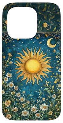 Vintage Sun and Moon Daisies Starry Night Sky Floral Case for iPhone 15 Pro