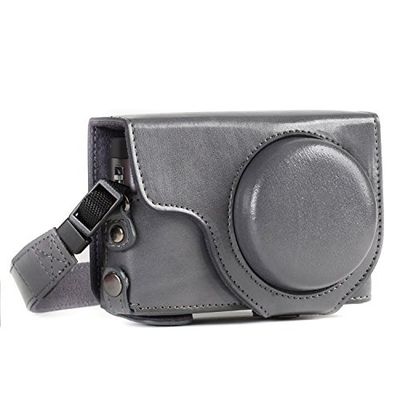 MegaGear MG1261 Panasonic Lumix DC-TZ95, DC-TZ90 Estojo Ever Ready, capa de couro, de breve uso, com correia - cinzento