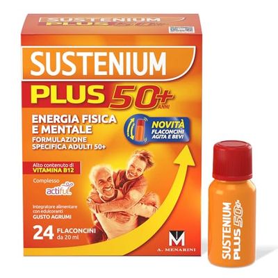 Sustenium Plus 50+ è un integratore alimentare energizzante con una formulazione specifica per gli adulti 50+ in pratici flaconcini. Energia in un sorso, confezione da 24 flaconcini (20 ml)