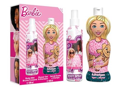 Barbie Scent Gift Set, Includes Natural Eau de Cologne Body Spray (200 ml) and 2 in 1 Shower Gel and Shampoo (400ml), Dermatologically Tested, Vegan and FSC Approved Gift Set for Kids
