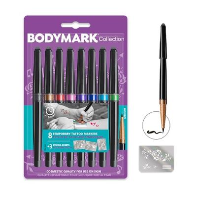 Bic BodyMark COLLECTION - Temporary Tattoo Markers, Cosmetic Quality for Use on Skin - 8 Assorted Colours and 3 Stencil Sheets - Let Your Imagination Run Wild by Creating Body Art - Pack of 8+3