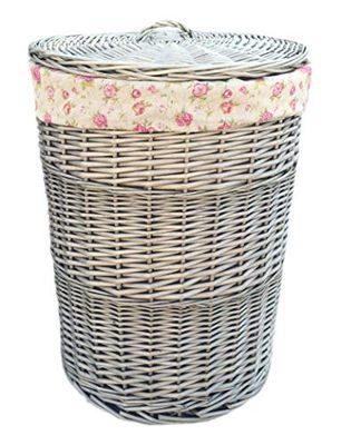 Red Hamper Small Antique Wash Round Linen Basket With Garden Rose Lining, Wicker, 50 x 33 x 33 cm